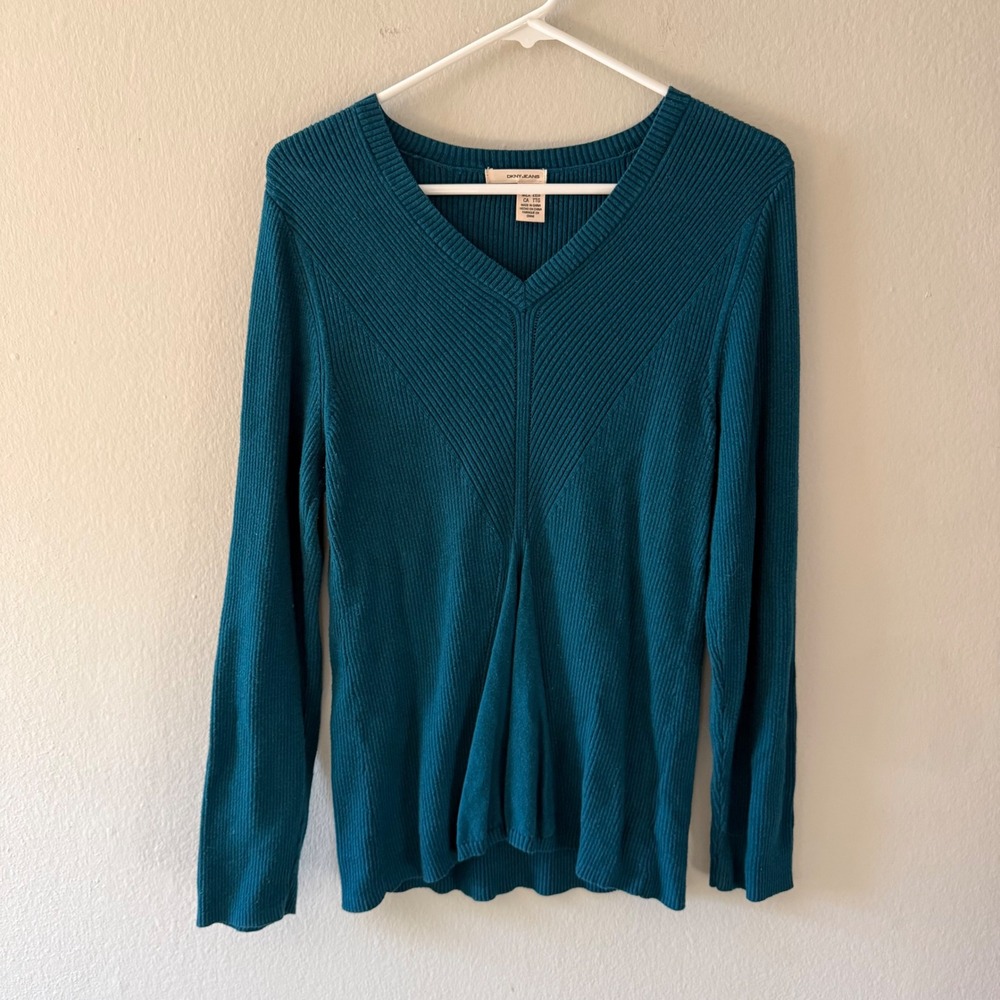 DKNY Jeans Womens XXL Teal Blue Ribbed V-Neck Long Sleeve Cotton‎ Blend Sweater